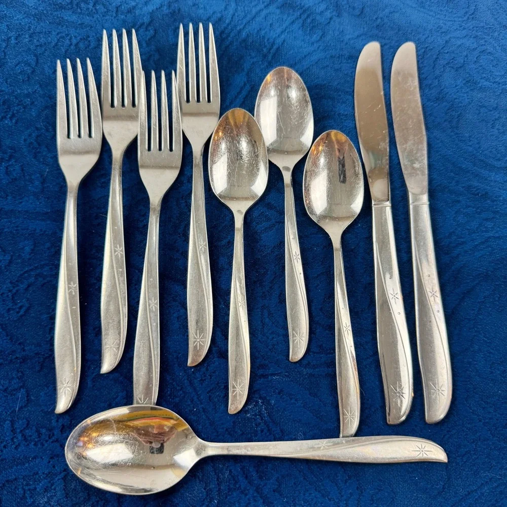 Vintage Oneida Community Twin Star Stainless Flatware 10pc MCM Starburst 1959